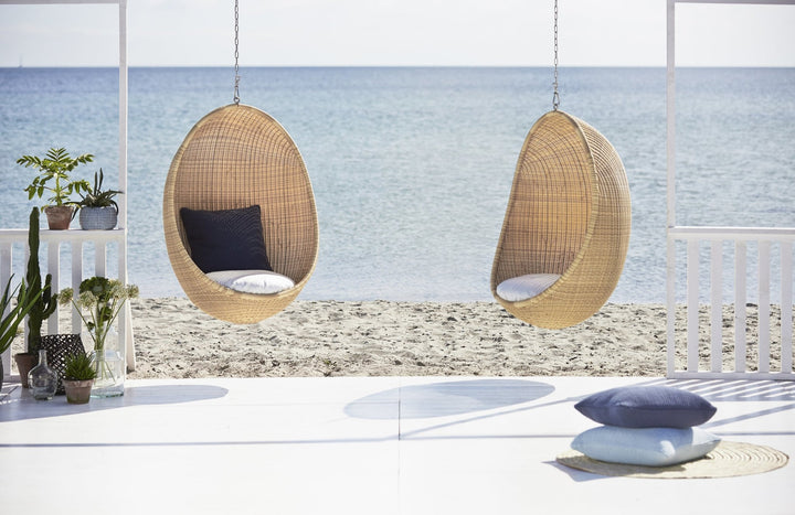 Nanna Ditzel Hanging Egg Chair Exterior - Sika Design - Outdoor Furniture - ArtFibre Black - Tempotest White Canvas - With Chain + Stand - HORNE