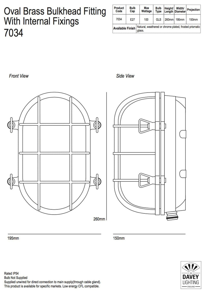 Oval Brass Bulkhead Light 7034