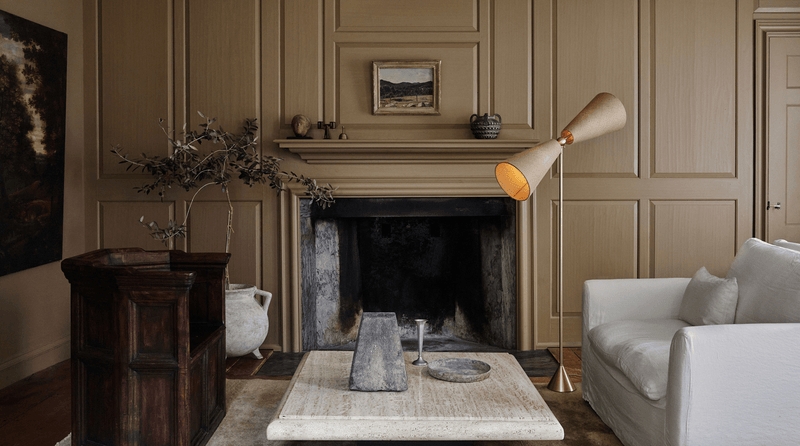 Pendolo Floor Lamp - Medium - Workstead Floor Lamps - Natural Linen - Hewn Brass - Black Cord - HORNE