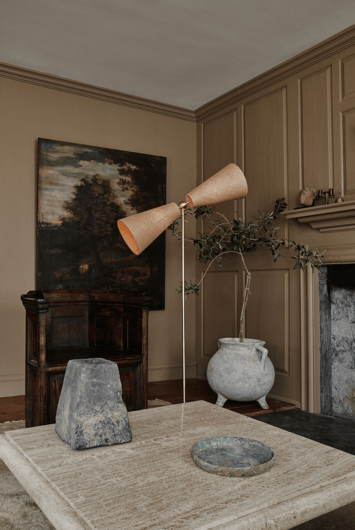 Pendolo Floor Lamp - Medium - Workstead - Floor Lamps - Natural Linen - Hewn Brass - Black Cord - HORNE