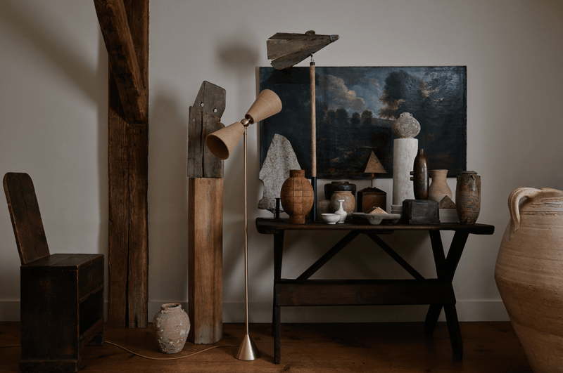 Pendolo Floor Lamp - Small - Workstead Floor Lamps - Natural Linen - Hewn Brass - Black Cord - HORNE