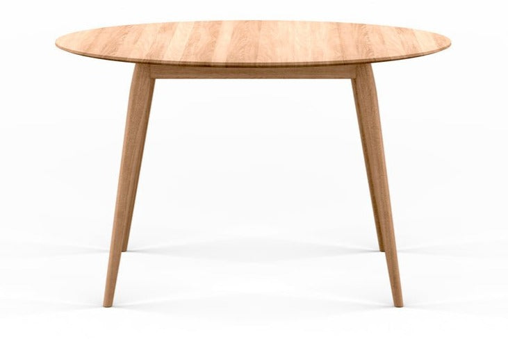 Round wooden dining table with matching wooden legs, mid-tone wood finish