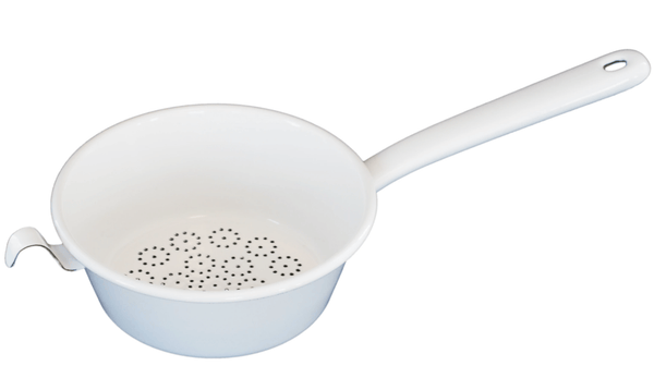 White enamel food strainer by Riess