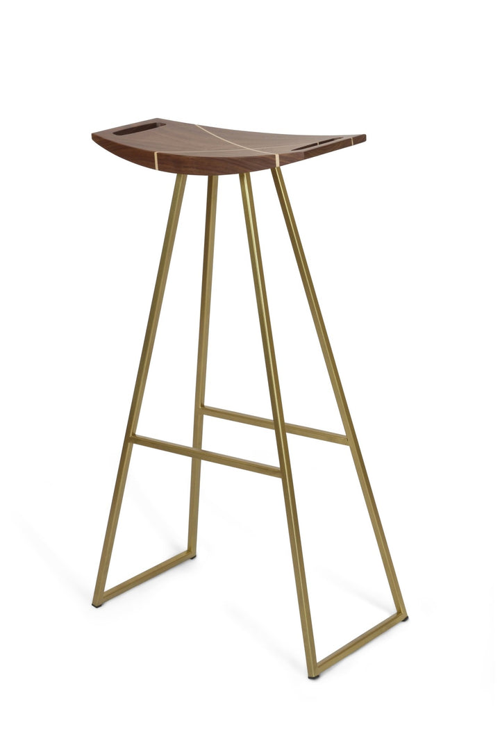Roberts Bar Stool - Tronk - Stools + Benches + Ottomans - Walnut with Maple Inlay - Brassy Gold - HORNE