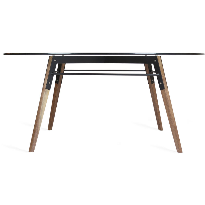 White and cream color version of the same round glass-top coffee table with wooden legs and metal supports.