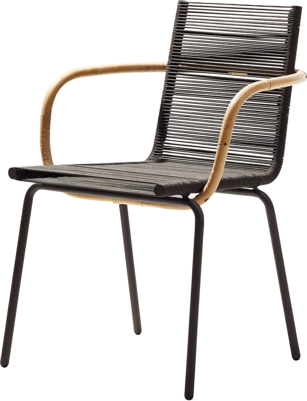 Rattan armchair with rope fiber back and steel frame