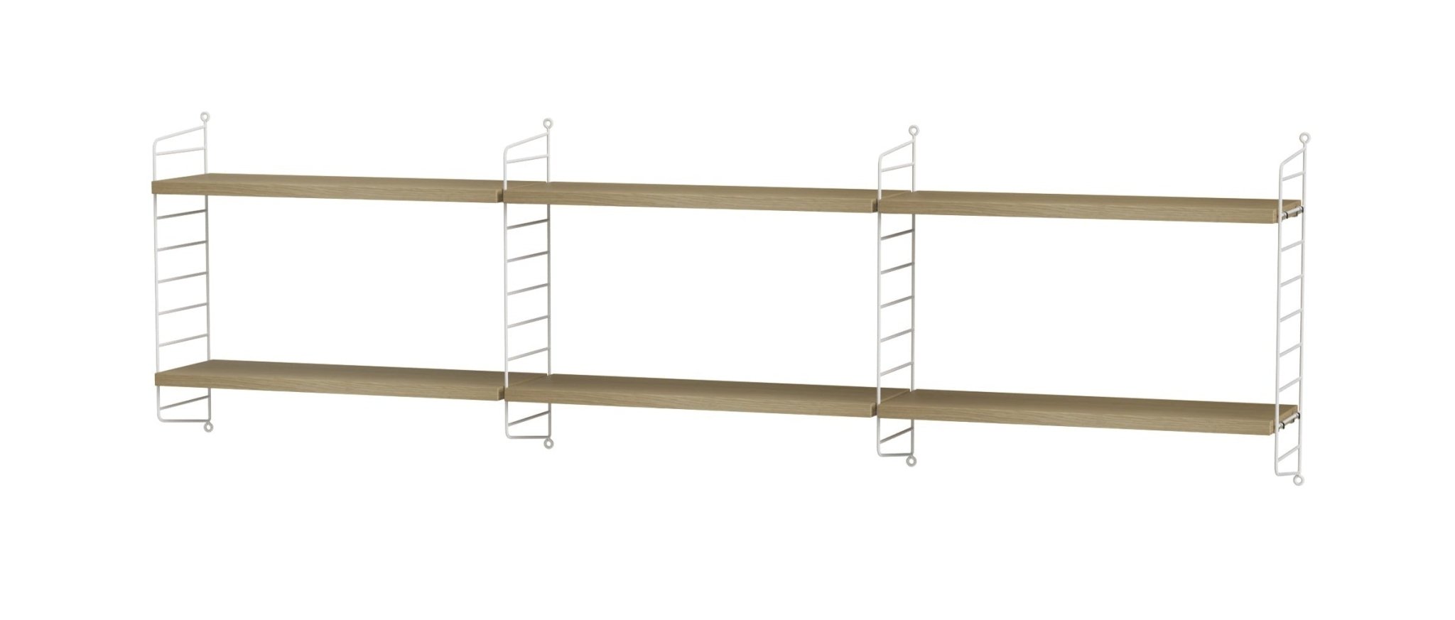 A wall-mounted shelving unit with two light brown shelves supported by white metal frames.