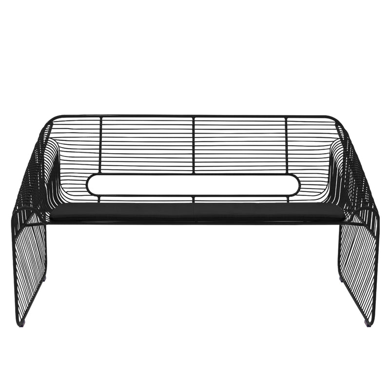 White wire bench with teal seat cushion shown as product color option.