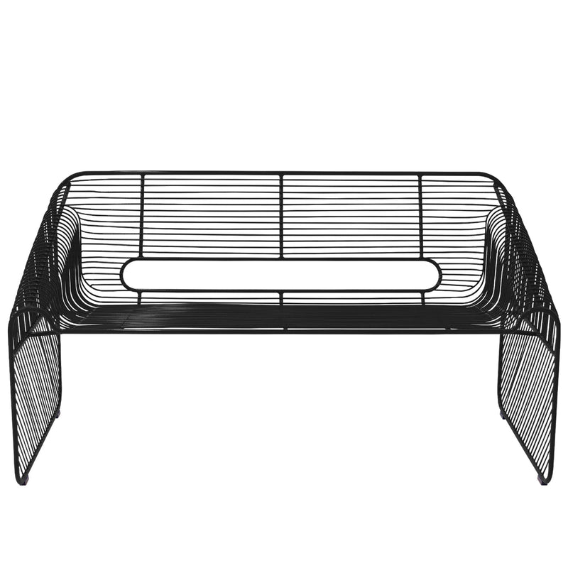 White wire bench with black seat cushion on white background, product image variant.