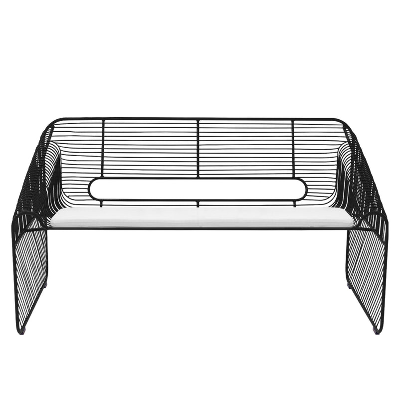Wire bench with round white backrest cushion and black cushion on white background.