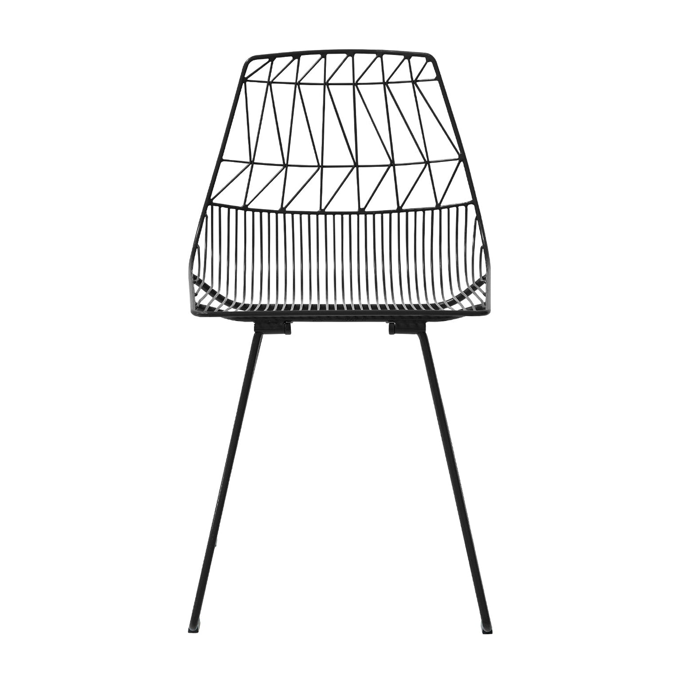 Blue wire dining chair against white background, showing full silhouette and legs.