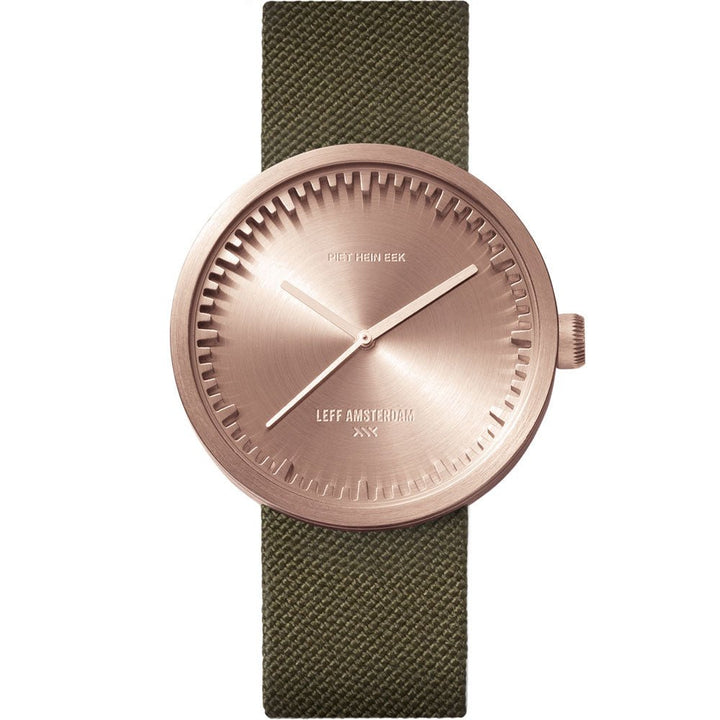 Tube Watch D38 - Leff Amsterdam - Clocks + Watches - Rose Gold Face - Green Leather Strap - HORNE
