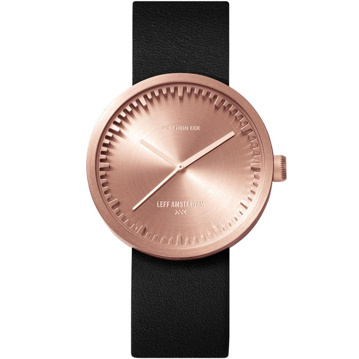Tube Watch D38 - Leff Amsterdam - Clocks + Watches - Rose Gold Face - Black Leather Strap - HORNE