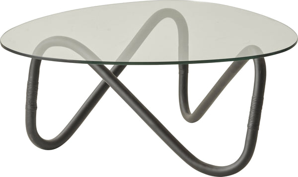 Coffee table with a wavy rattan base and a sleek, round glass top